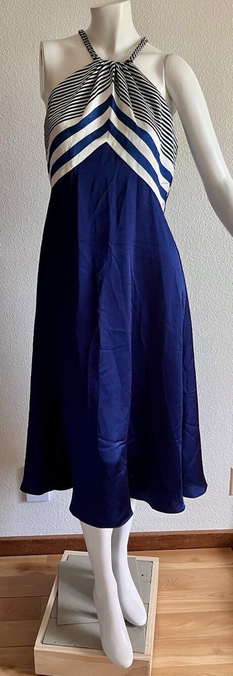 Lauren Ralph Lauren Charmeuse Halter Cocktail Dress 8 Navy Nautical Stripe NWT